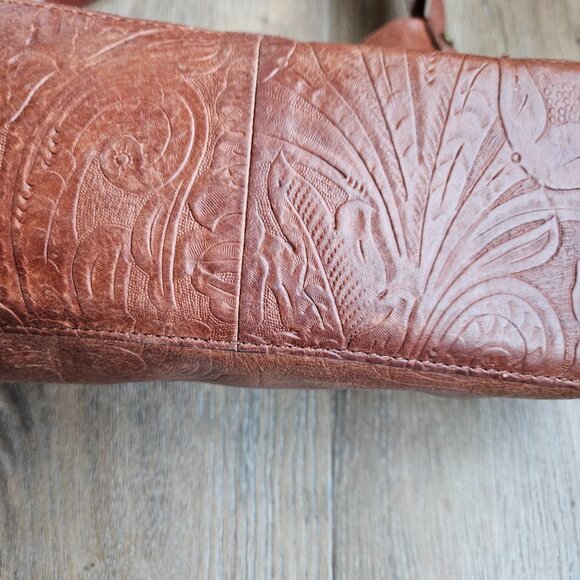 Vintage Tooled Leather Shoulder Bag Womens Aztec Calendar  American Leather Co Leather Shoulder Bag Womens Medium Brown Tooled Floral Boho